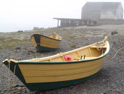 DORIES IN THE FOG along a Lubec beach on The Narrows. (Chessie Crowe Gartmayer photo)