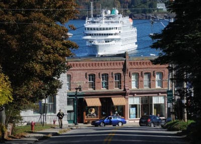 THE PEARL MIST lies anchored off Eastport’s downtown in this view down Washington Street. The cruise ship visited the Island City twice this month, on October 15 and October 19. (Edward Fren