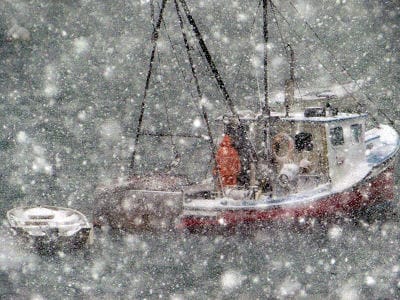LET IT SNOW! Scallop draggers work through a snow squall in Johnson Bay, Lubec. (Chessie Crowe photo)
