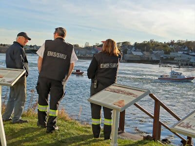 SEARCHING for a minivan that went into the Lubec Narrows near Mulholland Point, Campobello, on October 9 are a U.S. Coast Guard Station Eastport vessel, the Campobello Whale Rescue Team's Zo