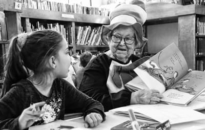 DR. SEUSS’ BIRTHDAY was celebrated at the Peavey Memorial Library in Eastport with readings of his books by the Cat in the Hat, portrayed by foster grandparent Grammy Helen – Helen Brooks. S