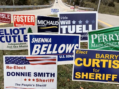 POLITICAL SIGNS of all stripes and colors can be seen at Whiting corner. (Chessie Crowe Gartmayer photo) Subscribe to Quoddy TidesRates:$31.65 a year in Washington County, Maine (tax include
