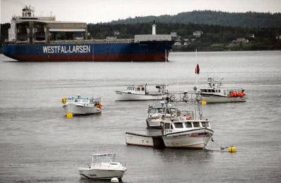 BOATS OF ALL SIZES are seen off Eastport, as the freighter Optimana comes through Friar’s Roads to the Estes Head port terminal on July 21, and lobster boats are moored off Prince’s Cove. (E