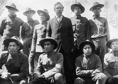 PASSAMAQUODDYS who served in Company I during World War I, along with the tribal chief, were (front row, left to right) Peter Stanley, John Newell, Henry Sockbeson, Moses Neptune; (back row,