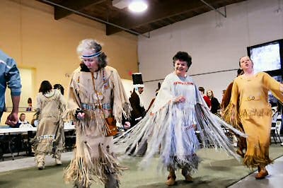 TRADITIONAL DANCING by the Passamaquoddy Dance Troupe, including (left to right) Ruby Richter, Mary Creighton and Dorothy Barnes, was a highlight of the fundraising event held by the Cultura