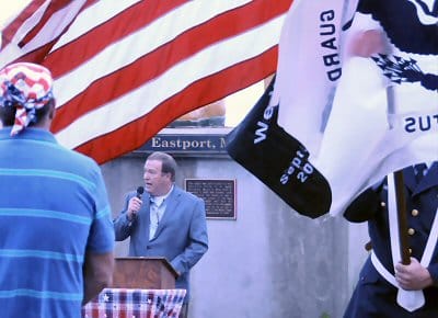 ADDRESSING THE CROWD at the Freedom Walk in Eastport to remember the victims of the terrorist attacks of September 11, 2001, is former Maine Senate President Kevin Raye of Perry, who noted t