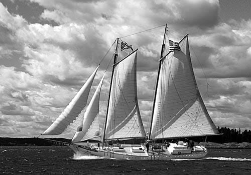 SAILING WITH A BONE IN HER TEETH through Head Harbour Passage, on her return from a trip to Southwest Harbor, is the Eastport schooner Halie & Matthew. (Don Dunbar photo) SAILING WITH A BONE