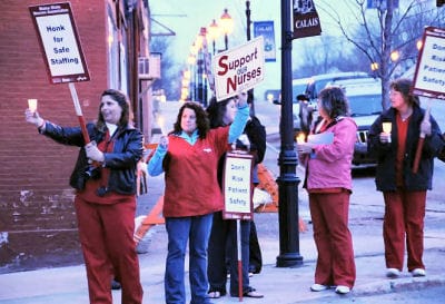 PATIENT SAFETY was the rallying cry during the candlelight vigil organized by the Maine State Nurses Association in downtown Calais on April 30. The nurses and lab technicians were demanding
