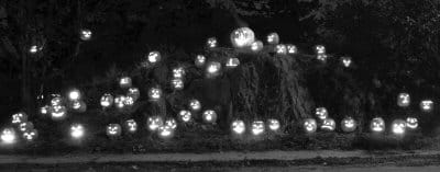 GLOWING JACK-O-LANTERNS LINE the rocky ledge next to the Water Street home of David and Leslie Arens in Eastport on Halloween. (Don Dunbar photo)