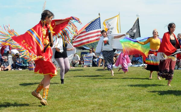 A SHAWL DANCE was among those performed during the Peskotomuhkat Ceremonial Dances, part of the Passamaquoddy Days celebration at Sipayik. Shown dancing is Kikpesan Ward from Esgenoopetitj, 