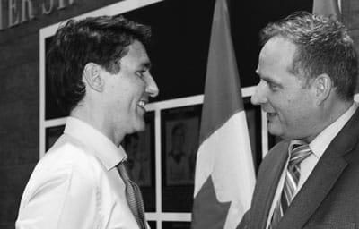 PRIME MINISTER JUSTIN TRUDEAU met with St. Stephen Mayor Allan MacEachern at the Garcelon Civic Center in St. Stephen. (Derwin Gowan photo)