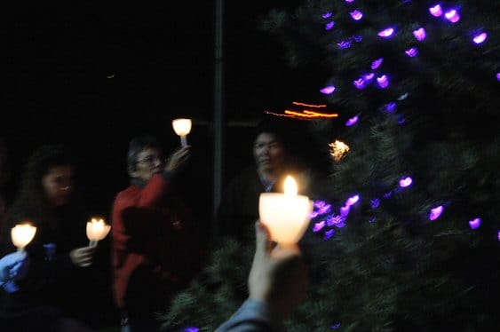 SHINING LIGHTS OF HOPE. A candelight vigil was held by Passamaquoddy Peaceful Relations outside the Pleasant Point tribal office on October 13 to raise awareness about domestic violence. The