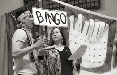 THE PLAY "Indian Radio Days: An Evolving Bingo Experience" opened with Maria Girouard interviewing Matthew Altvater regarding the coming of the Mayflower. The play was performed by the Waban