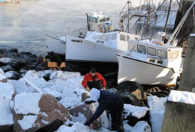 FOUR BOATS that were berthed at the Eastport Fish Pier broke free when lines parted during high winds early in the morning of January 8. Draggers owned by Scott Emery, Stanley MacNichol and 