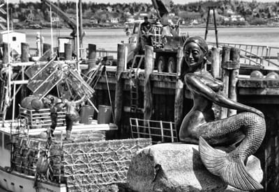 EASTPORT’S MERMAID watches as lobster traps are loaded onto the Ocean Warrior, owned by David Pottle, at the Eastport fish pier. Maine lobstermen have been busy setting their traps for this 
